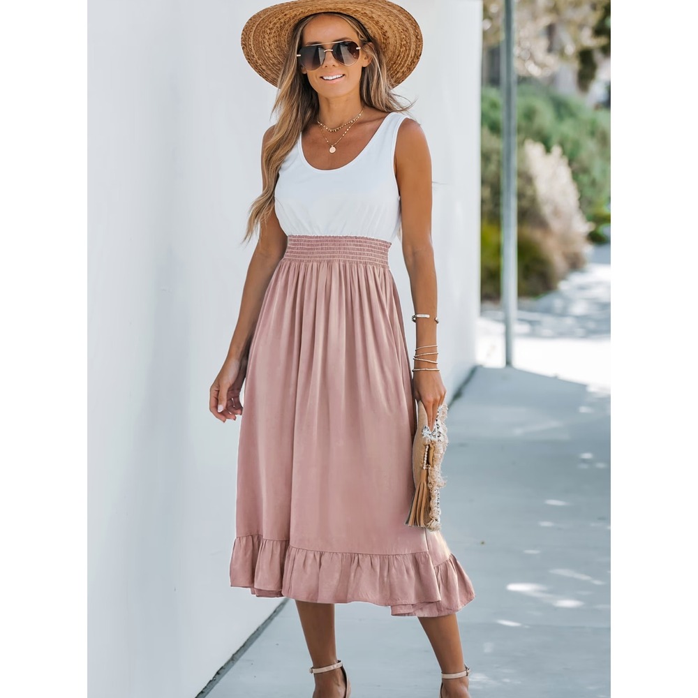 Cupshe NWT Colorblock Smocked Ruffle Hem Midi Dress White Pink - Size XL